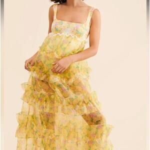 NWT For Love & Lemons Vikki Yellow Sheer Floral Maxi Ruffles Lace Trim Dress
